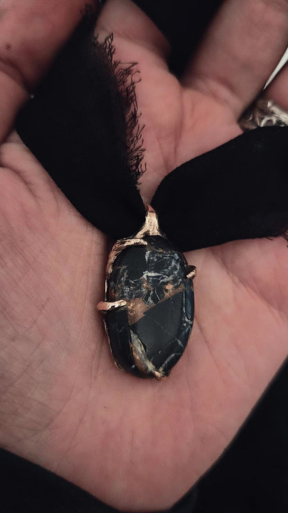 Black Copper Turquoise Pendant – Handcarved Bronze Claw Setting Pendant Book of Kissu