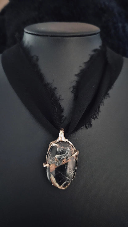Black Copper Turquoise Pendant – Handcarved Bronze Claw Setting Pendant Book of Kissu