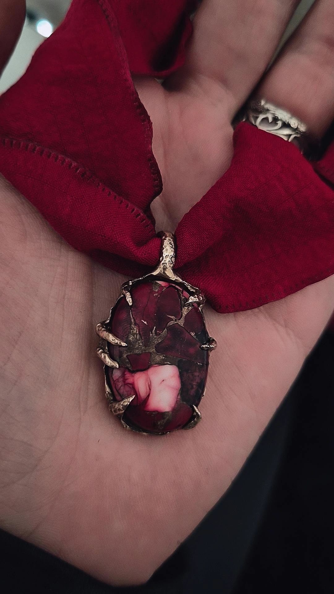 Dahlia Rose Turquoise Pendant – Handcarved Bronze Claw Setting Necklace Book of Kissu