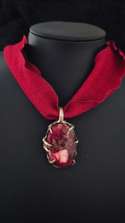 Dahlia Rose Turquoise Pendant – Handcarved Bronze Claw Setting Necklace Book of Kissu
