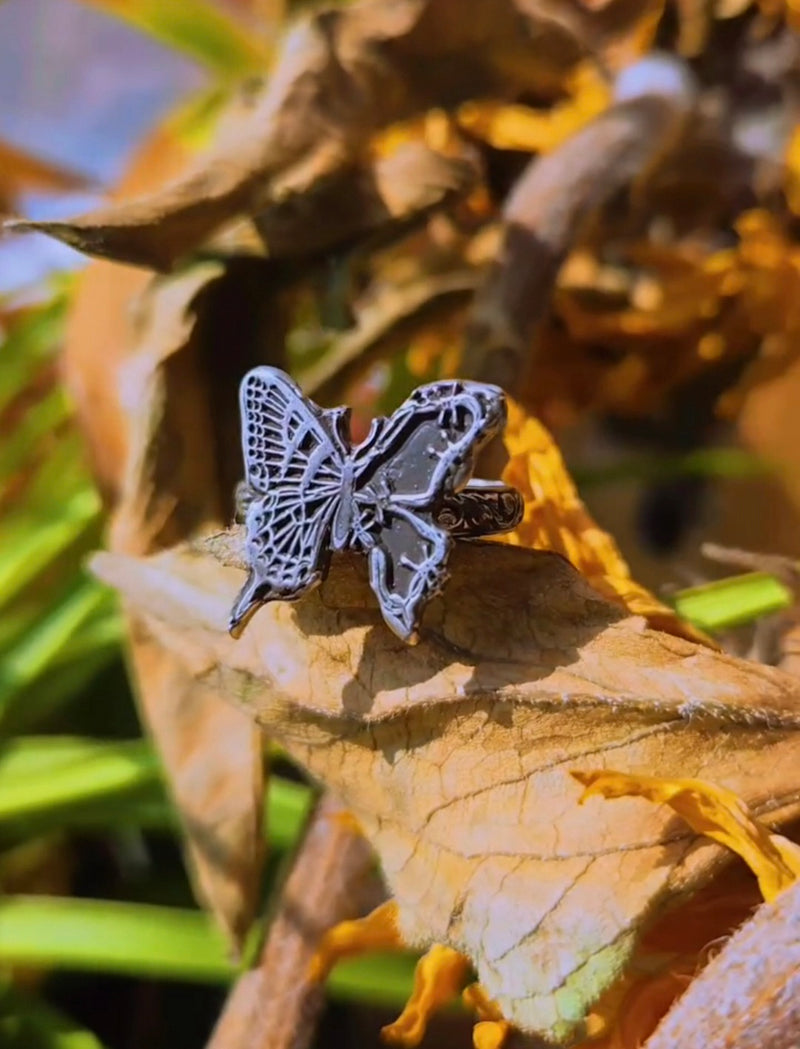 Silver butterfly ring on a dried leaf