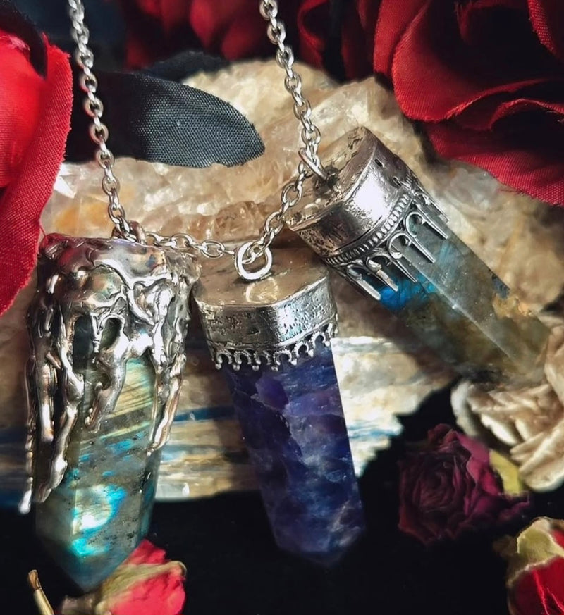 Labradorite pendant, amethyst pendant, crystal cathedral pendant