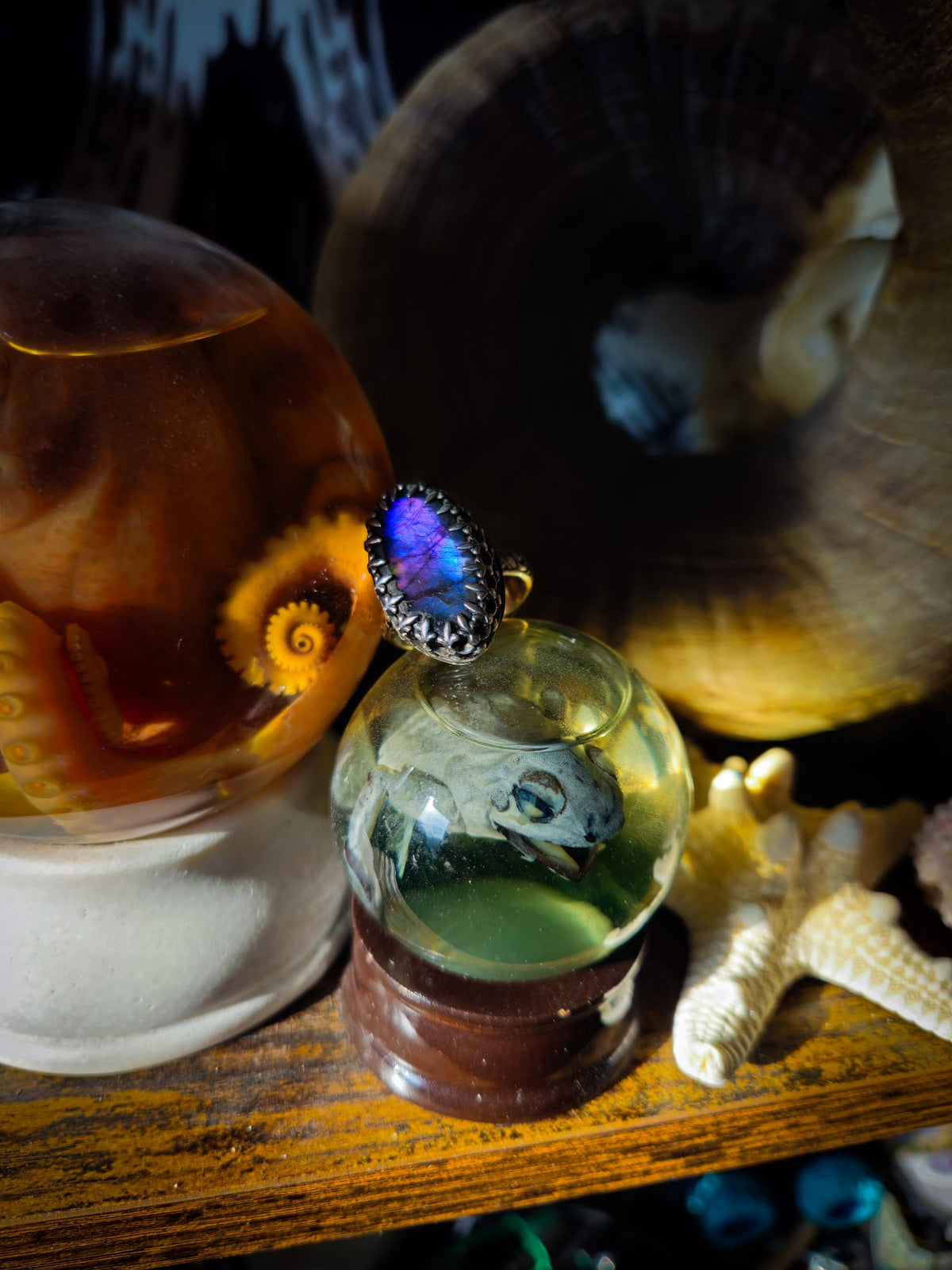 A close-up product shot of a ring with a large oval iridescent purple-blue labradorite in 925 sterling silver displayed on a small glass bottle. The scene includes other decorative objects, including a glass orb with an octopus and a shell, on a wooden surface.
