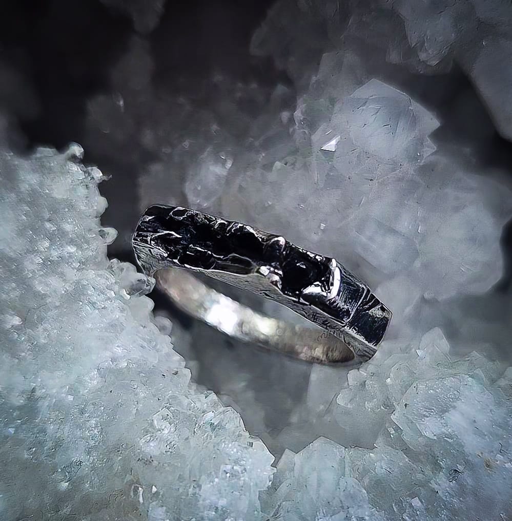 Raw and textured oxidized silver ring